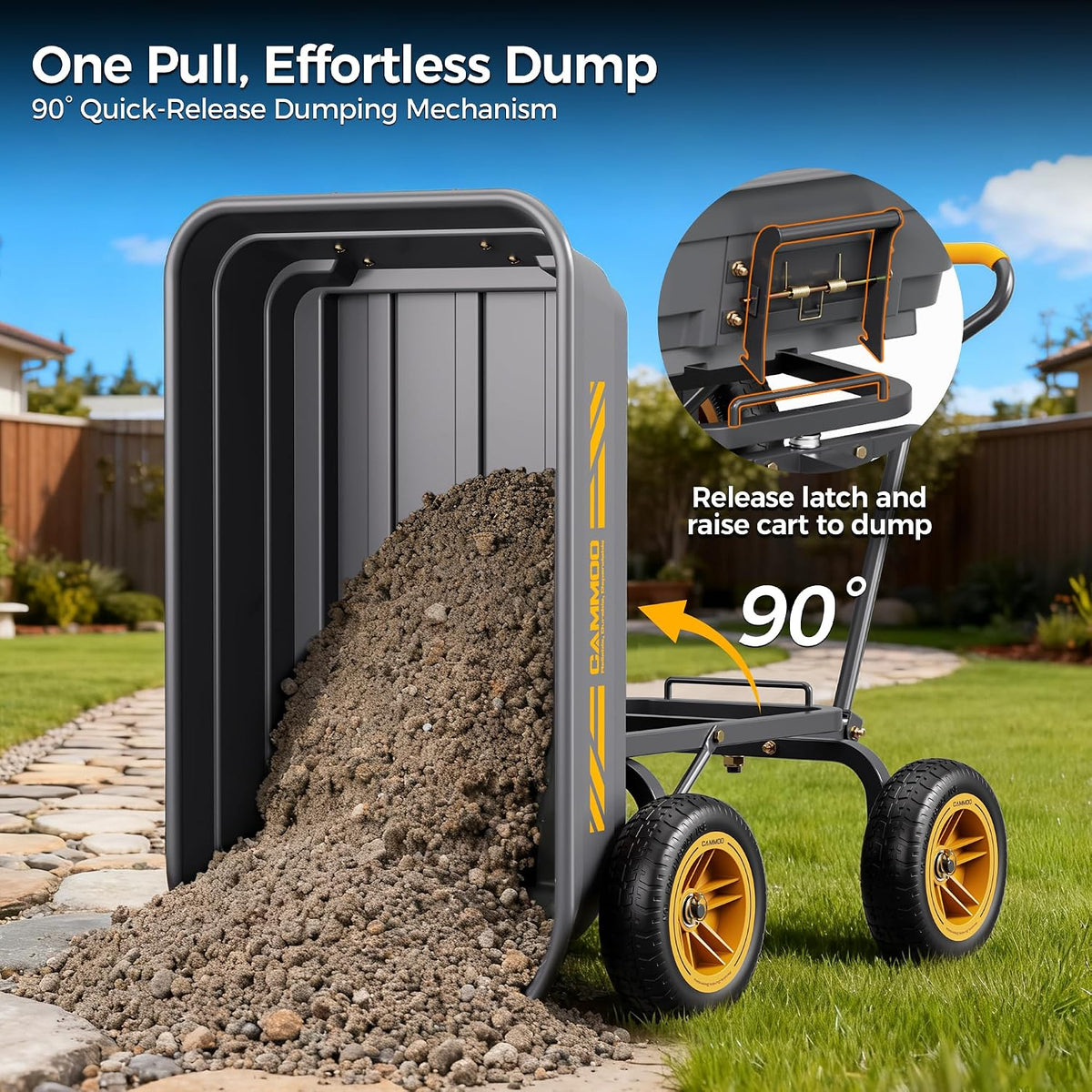 cammoo 10-in no-flat tires 600lb garden dump cart, front angle view