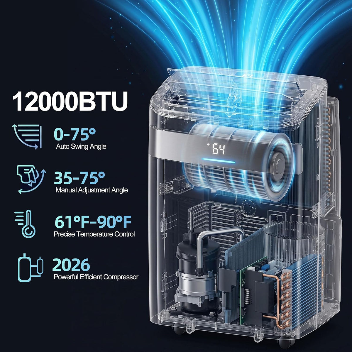 uthfy 12,000 btu portable air conditioners, 4-in-1 portable, side view