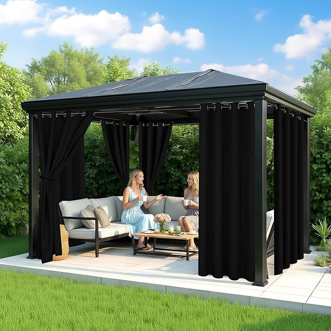 Black Outdoor Curtains for Patio Waterproof - 6 Panels Privacy Weatherproof Outside Curtains with Grommets for Pergola, Gazebo, Porch, Cabana, Balcony, 54 x 84 Inch
