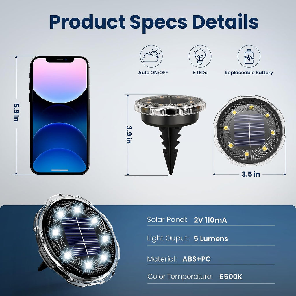 SOLPEX Solar Ground Lights Outdoor, Pathway Lights 12 Pack Cool White | IP65 Waterproof Landscape Lighting for Walkway, Driveway, Pathway, Garden, Backyard Decor- Transparent Lampshade