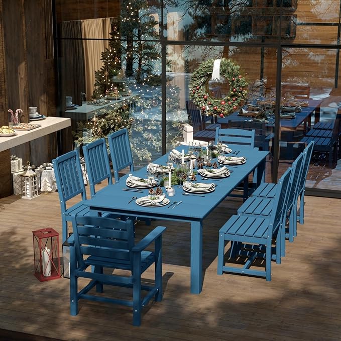 5-Piece Navy Blue Outdoor Dining Set for 4, 75.2'' HDPE Table with Umbrella Hole & Chairs, Weather-Resistant Patio Furniture for Garden, Lawn, or Poolside