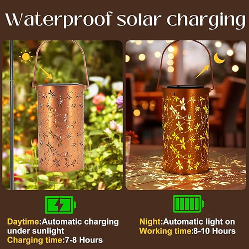 2 Pack Solar Lanterns Outdoor Hanging Lantern Lights, Dragonfly Hollowed-Out Metal Decor Lantern, Waterproof LED Decorative Garden Light - Delicate Garden Decoration for Patio, Yard