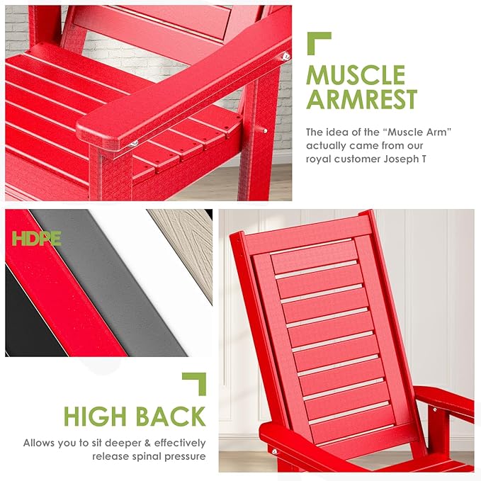 GREENVINES Outdoor Rocking Chair Set | 3-Piece | 2 Rocking Chairs with 1 Side Table | Porch Rocker | HDPE Plastic | Red | Patio Furniture Sets | High Back | Big & Tall | Ladder Back