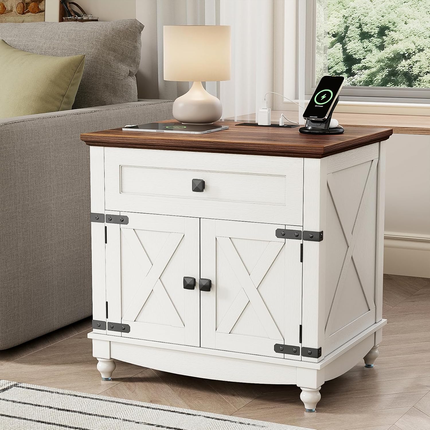 Farmhouse End Table with Charging Station, 24inch White Nightstand with Door and Storage Cabinet, Bedside End Table with Adjustable Shelf, Wood Bedside Table, Night Stand for Living Room and Bedroom