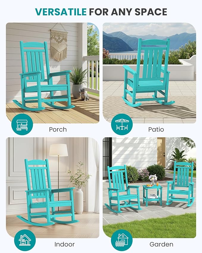 SERWALL HDPE Outdoor Rocking Chair Set of 4, Patio Rocking Chairs, All-Weather Porch Rockers for Adults, Aruba Blue