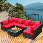 Tangkula 7 Piece Patio Furniture Set, Outdoor Sectional Sofa w/Pillows and Cushions, Wicker Sofa Conversation Set with Coffee Table, Patio Sofa and Tea Table Set for Garden, Lawn (Red)
