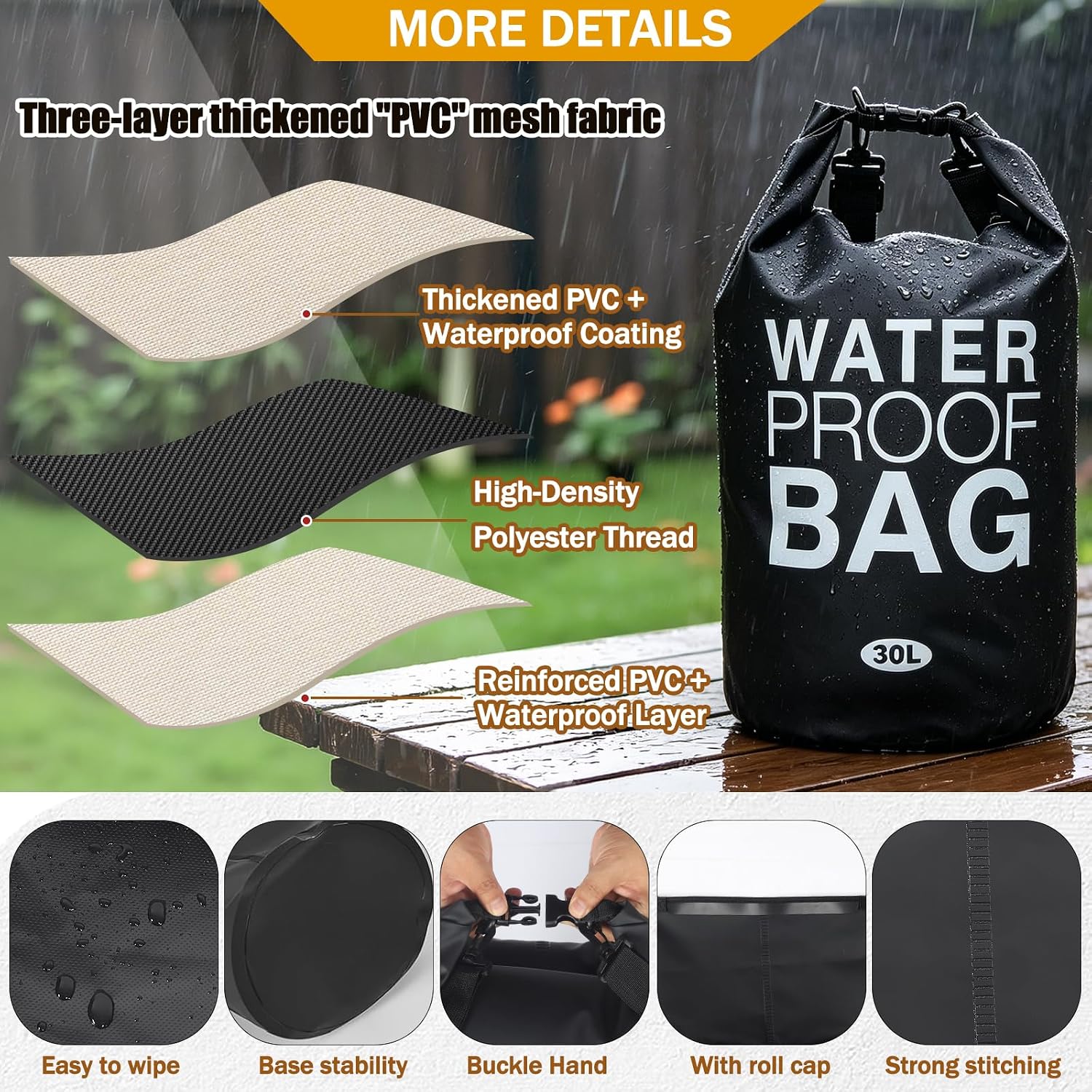 Wood Pellet Storage Containers Waterproof Charcoal Storage Bin-HayahHayah Smoker Pellet Pocket & Buckle Seal & Dual Handles Pellet Containers for Grill Outdoor(30LB) (1-Pcak)