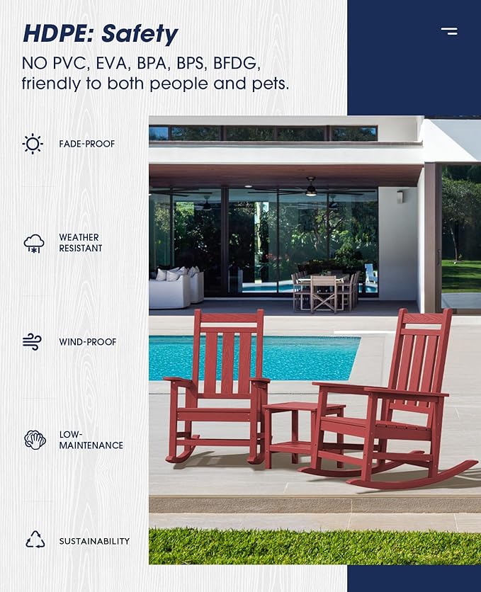 KINGYES Oversized Outdoor Rocking Chair, All-Weather Patio Rocking Chairs for Porch, HDPE Outdoor Patio Rockers with High Back & Wide Seat for Garden, Lawn, Red