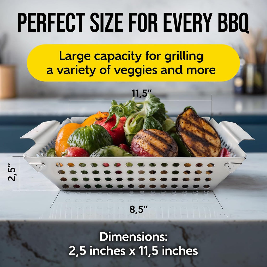 Kaluns Heavy Duty Stainless Steel Vegetable Grill Basket, Rectangular, Silver, Dishwasher Safe Grills and Vegetables