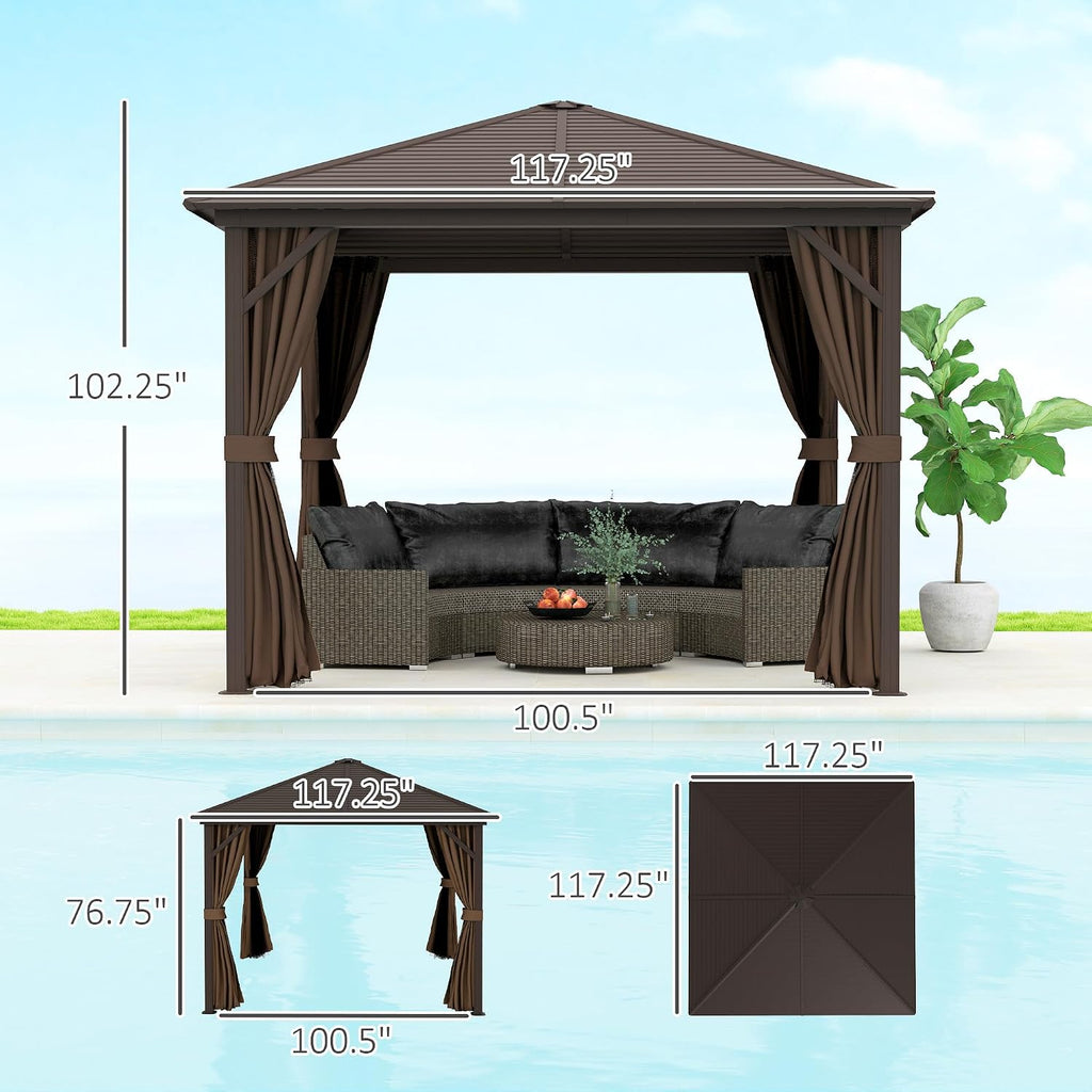 outsunny 10' x 10' hardtop gazebo with curtains on a desk or shelf