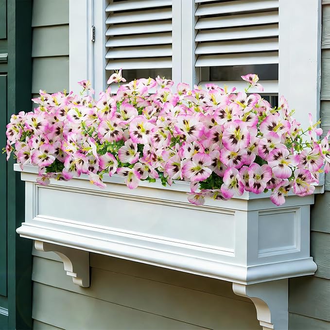 12 Bundles Artificial Pansy Flowers for Outdoor, Faux Silk Pansies Spring Flowers for Outside for Planter Front Door Porch Patio Yard Window Box Home Decor (Pink)