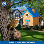 SISTERBIRD Birdhouses for Outdoors, Blue Hanging Wren House, Warming Gifts | Premium Wooden Bird Houses for Outside, Classic Cabin Design Wooden Bird House Red-Breasted Nuthatch Wren Chickadee