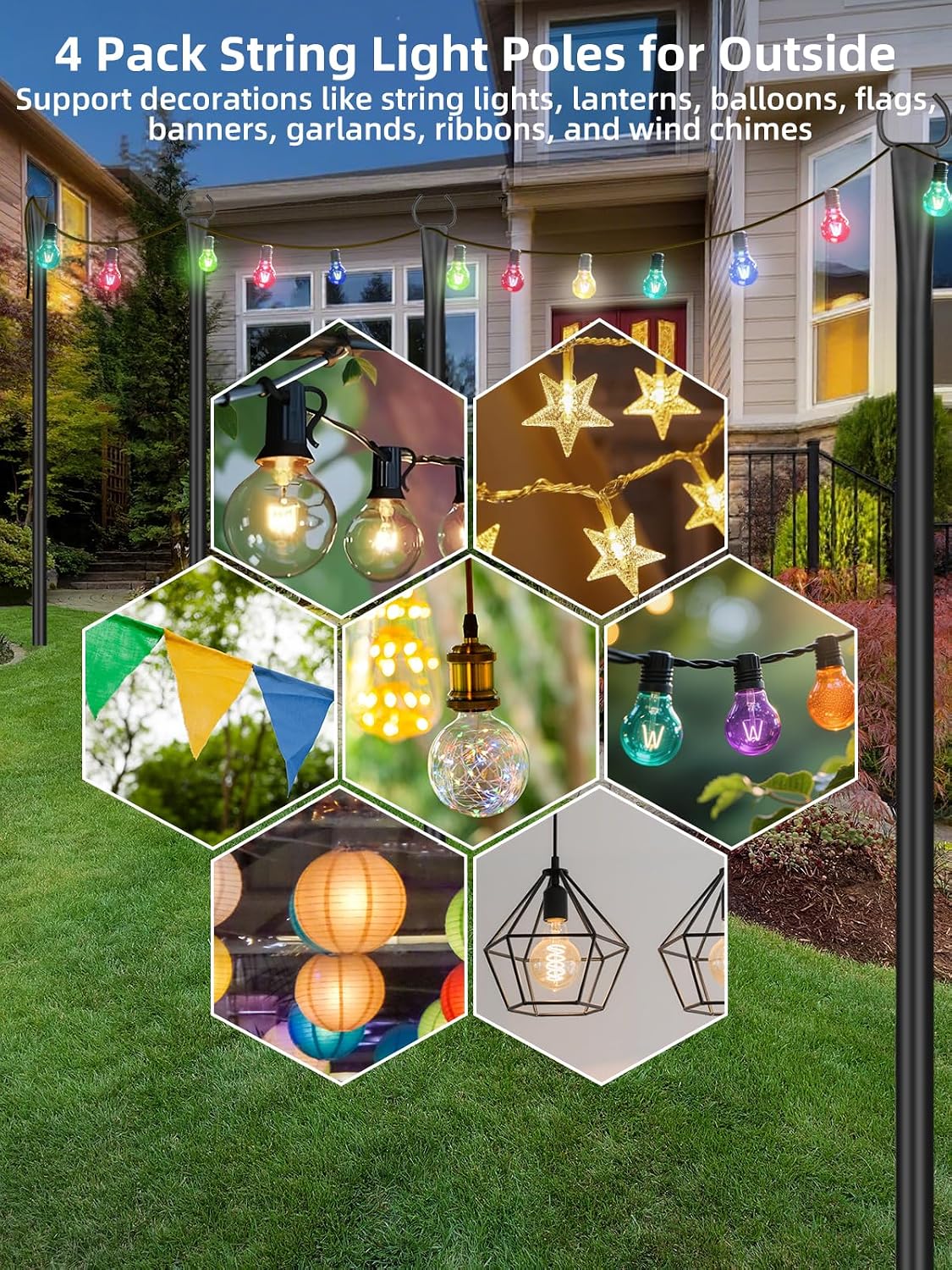 string light poles for outside, 4 pack 10, close-up detail