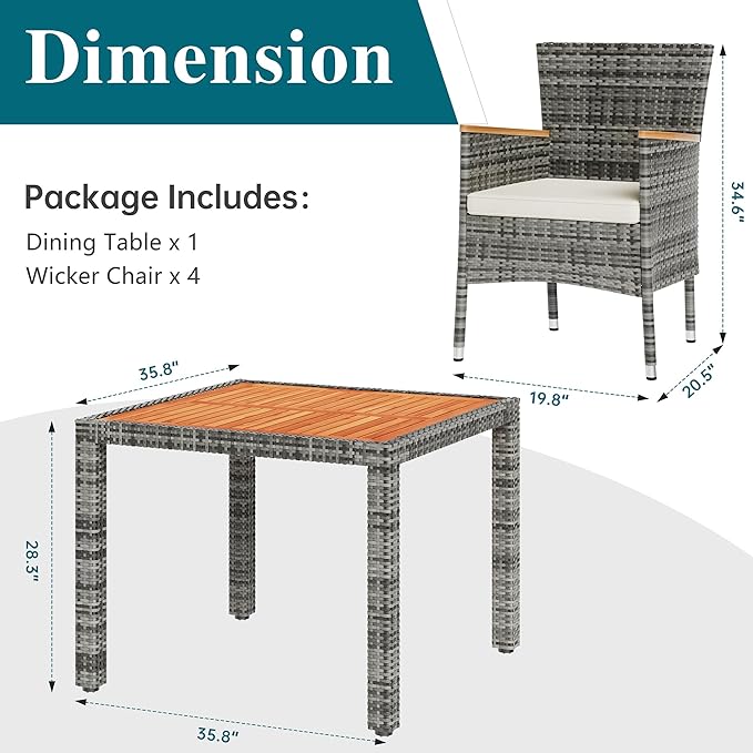 Shintenchi 5 Piece Patio Dining Set, Wicker Patio Conversation Set with Wooden Table Top, Outdoor Table and Chairs with Soft Cushions for Backyard, Deck and Garden, Grey Wicker