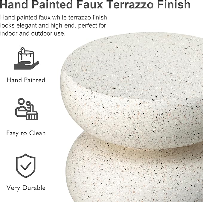 Glitzhome Outdoor Side Table Set of 2, 18" H Decorative Garden Stool MgO Faux Terrazzo End Table, Heavy Duty Indoor Outdoor Round Planter Stand for Living Room Bedroom Patio Deck Poolside,White