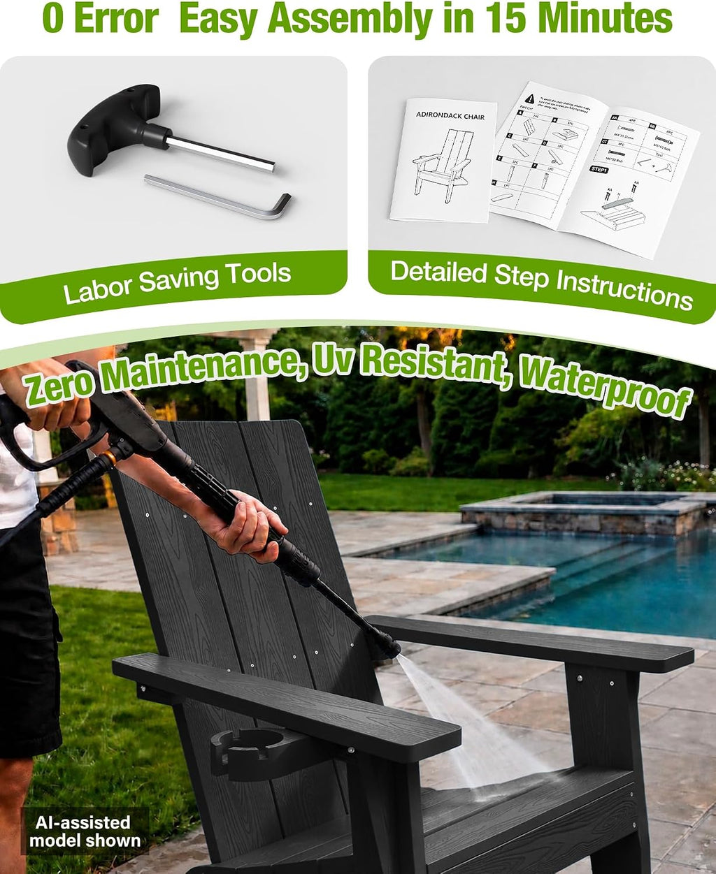 MXIMU Adirondack Chairs Set of 2, 450lb Capacity & 33in Tall Backrest | Oversized Modern Adirondack Chairs, Comfortable All-Weather Fire Pit Chair, Easy Assembly True Wood Grain Lawn Outdoor Chair