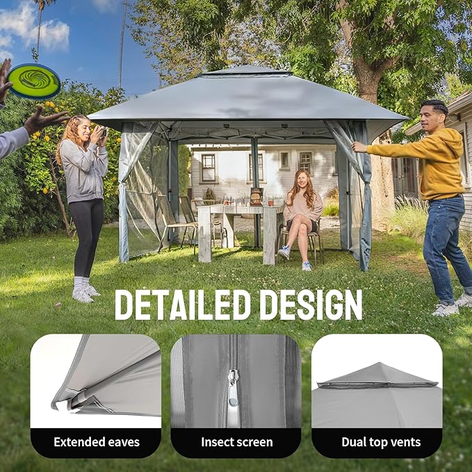 CROWN SHADES 13x13 Pop Up Gazebo, Canopy Tent, Gazebos on Clearance - Outdoor Gazebo for Backyard & Patio Furniture - Carpa Pop Up Tent with Wheeled STO-N-Go Cover Bag (Grey)