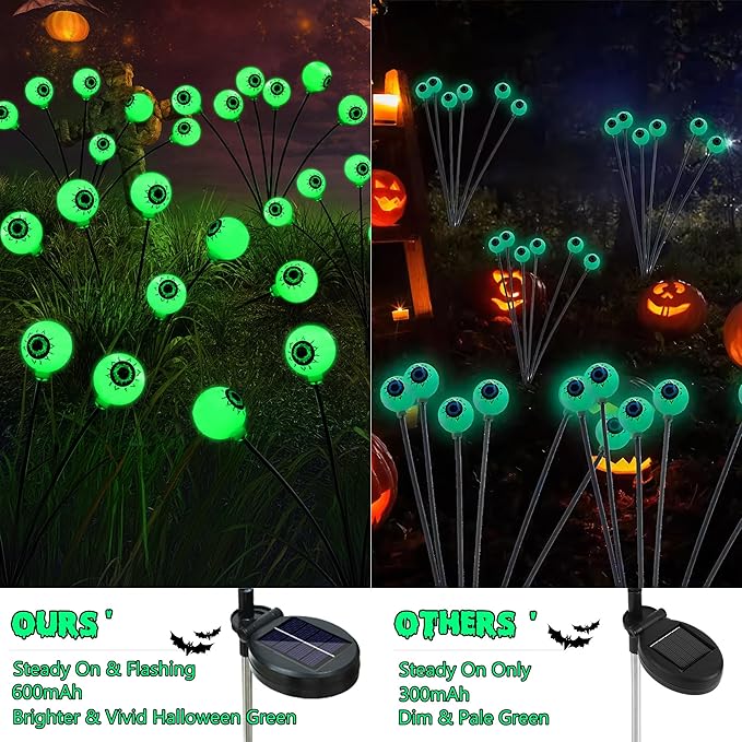 BrizLabs 6 Pack 36 LED Halloween Solar Eyeball Lights, 2 Modes Outdoor Halloween Pathway Lights, Green Solar Walkway Light Waterproof, Green Swaying Firefly Light for Outside Path Yard Garden Lawn
