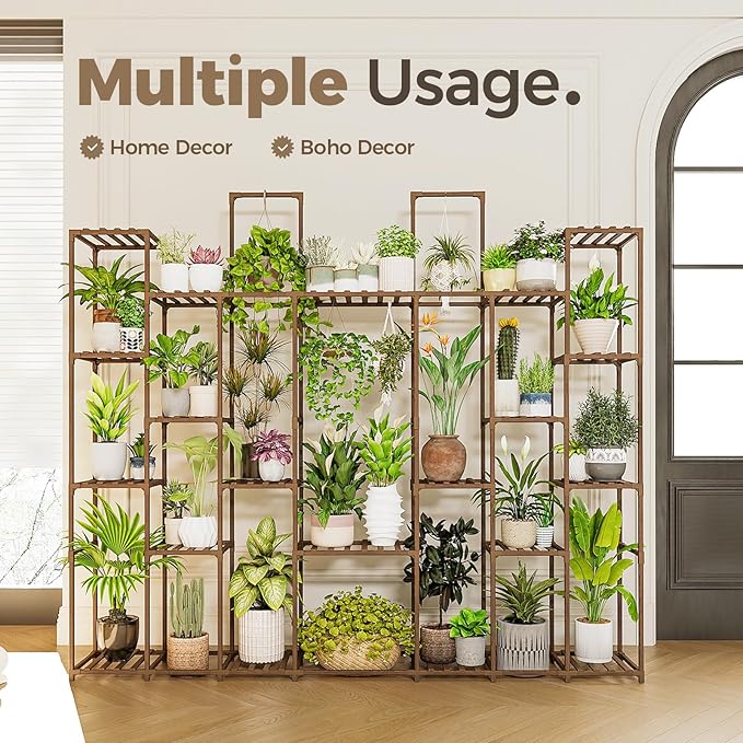 Bamworld Plant Shelf Indoor 30 Pots Large Plant Shelf Wide Tall Outdoor Plant Holder Wood for Multiple Plants Plant Rack for Living Room Garden Balcony Flower
