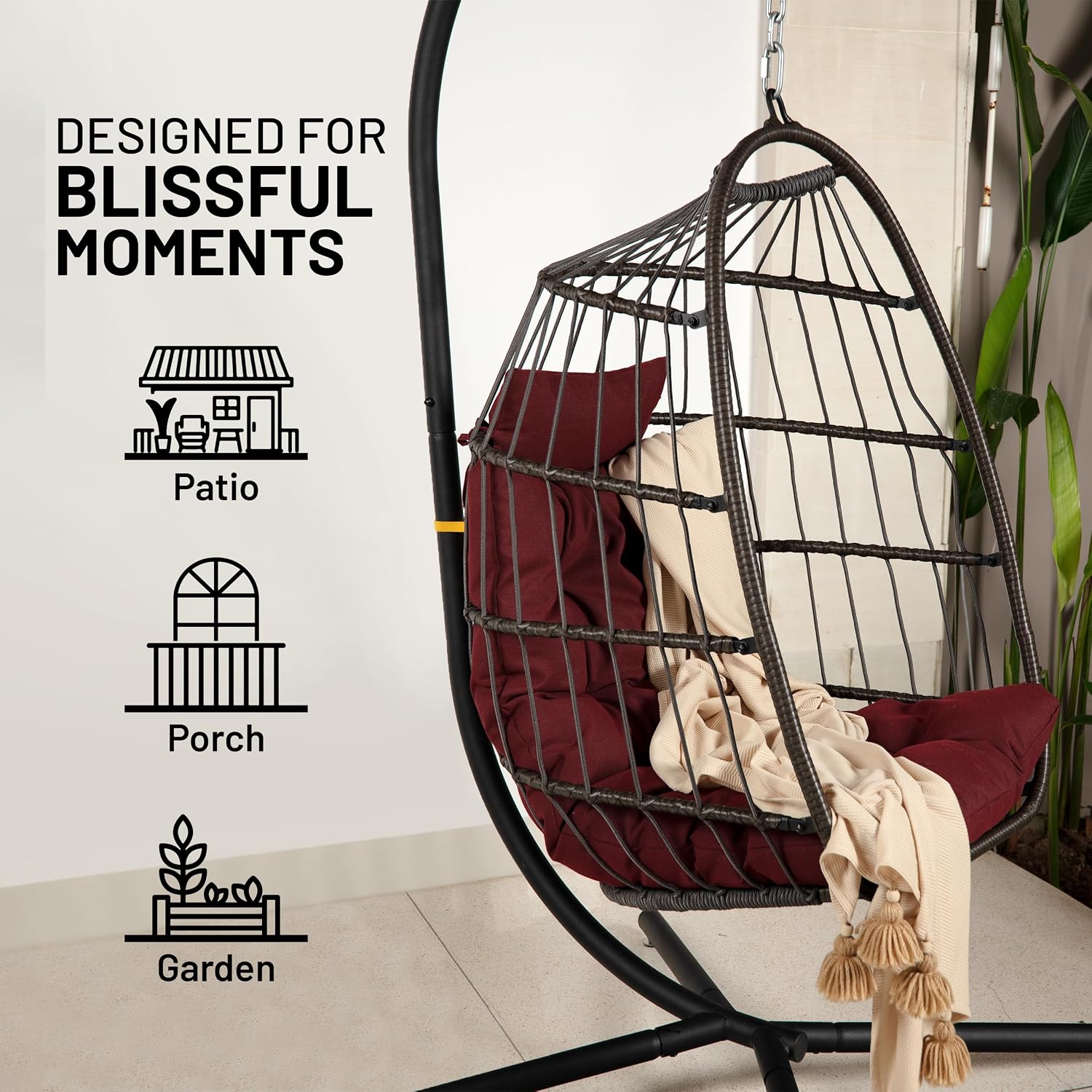 SereneLife Hanging Egg Chair w/Stand - Wicker Rattan Swing, Padded Cushion | Foldable Design, Weather-Resistant Cushion & Padded Headrest Included, 350 lb Capacity, Great for Patio, Backyard & Bedroom.