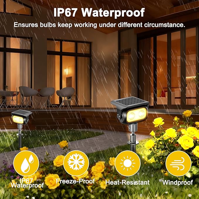 Solar Landscape Spotlights Outdoor Waterproof IP67, Warm White LED Spot Lights for Tree Flag Garden, Adjustable Solar Uplights Auto On Off with 2 Brightness Mode