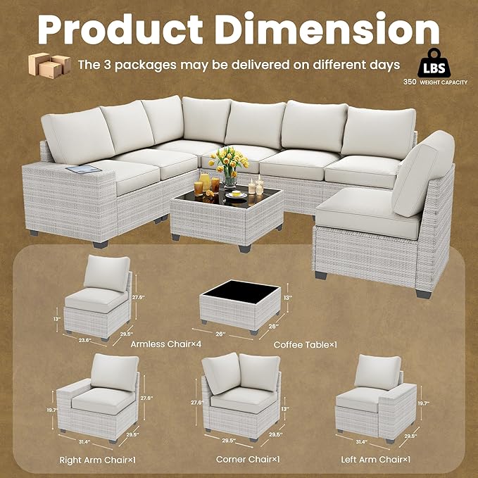 8 Piece Outdoor Patio Furniture Set, Outdoor Sectional Furniture, Rattan & Wicker Modern Modular Conversation Set Sofa Couch W/Water Resistant Washable Thick Cushions and Coffee Table, Beige