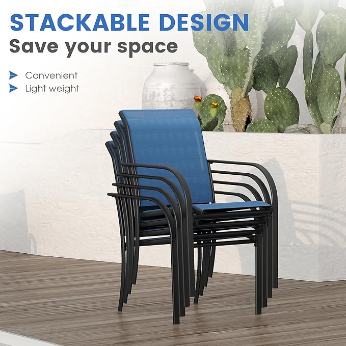 VICLLAX Patio Dining Set for 4, Alll Weather Metal Outdoor Furniture Set Includes 1 Square Outdoor Table and 4 Stackable Patio Chairs, Black Table and Blue Chairs
