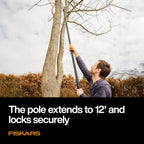 Fiskars 2-in-1 Extendable Tree Pruner and Pole Saw (Extends 7.9 - 12 feet) with Rotating Head, Pruning Stik Model with 15-Inch Double-Grind Saw Blade, and Double Locking System