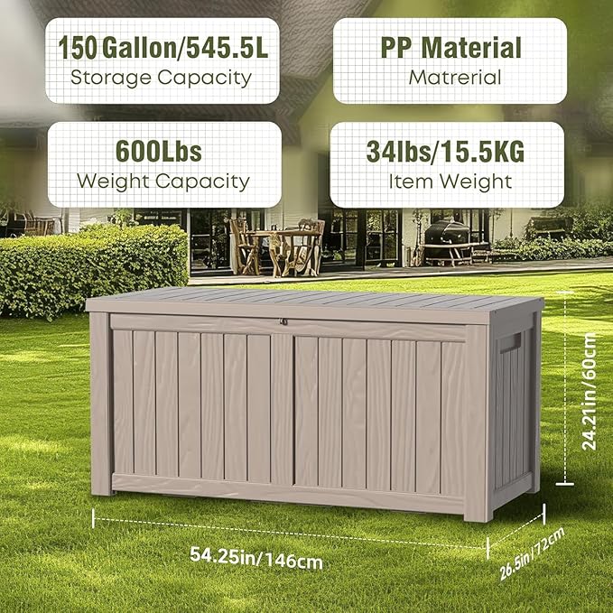 EasyUp 150 Gallon Outdoor Storage Box, Resin Waterproof UV-Resistant Deck Box with Hydraulic Lid Support, Reinforced Stability for Patio, Garden, and Poolside, Gray