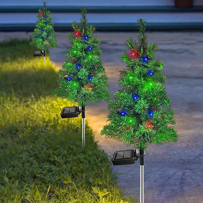 Solar Christmas Tree Garden Stake Lights Outdoor Waterproof Pathway Lights Xmas Tree Light for Lawn Patio Yard Front Porch Christmas Decor 2pcs
