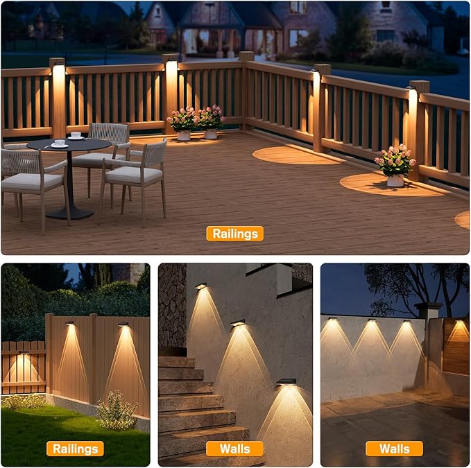 NIORSUN Solar Fence Lights,16 Pack Deck Light,Led Lights Warm White Outdoor Wall Lights,IP45 Solar Powered Light Waterproof for Backyard/Pool/Railing/Patio/Porch/Step/Outside/Garden (Black)