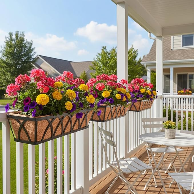 Window Deck Railing Planters Boxes with Coconut Liner, The Bottom Flat Window Boxes Planters Flower Boxes Metal Black Balcony Planter Railing Hanging for Outdoor Fence Porch Patio Lawn(4Pcs 24 Inch)