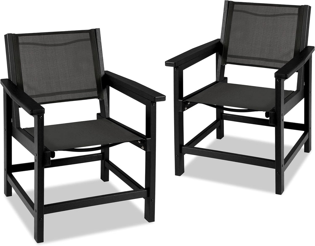 Dining Chairs,HDPE Outdoor Chairs Set of 2, All Wather Heavy Duty with Comfortable Textilene Back and Seat, Both for Outdoor and Indoor Use, Black