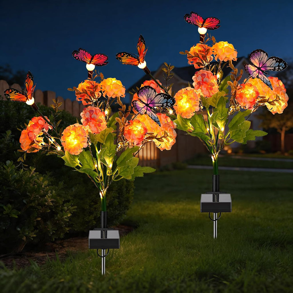 2 Pack Solar Garden Lights Outdoor, 8 Lighting Modes Warm White LED Powered Swaying Butterfly, Waterproof Hydrangea Flowers Landscape Light for Outside Yard, Patio, Pathway Decorative, Décor, Gifts