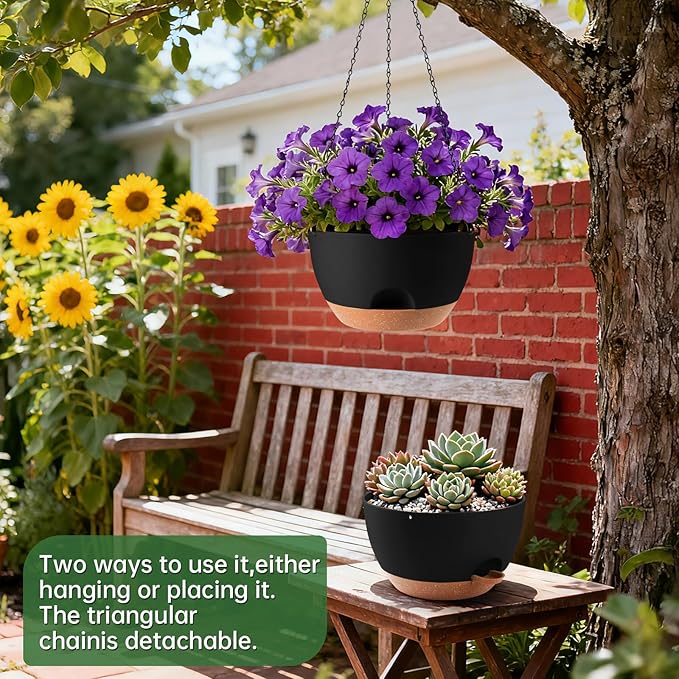 13-inch Oversized Hanging Planter Set of Two,Planters for Indoor and Outdoor Plants.Place Plant pots Across Diverse Settings Including windowsills,Living Room,and Gardens.Black-Brown
