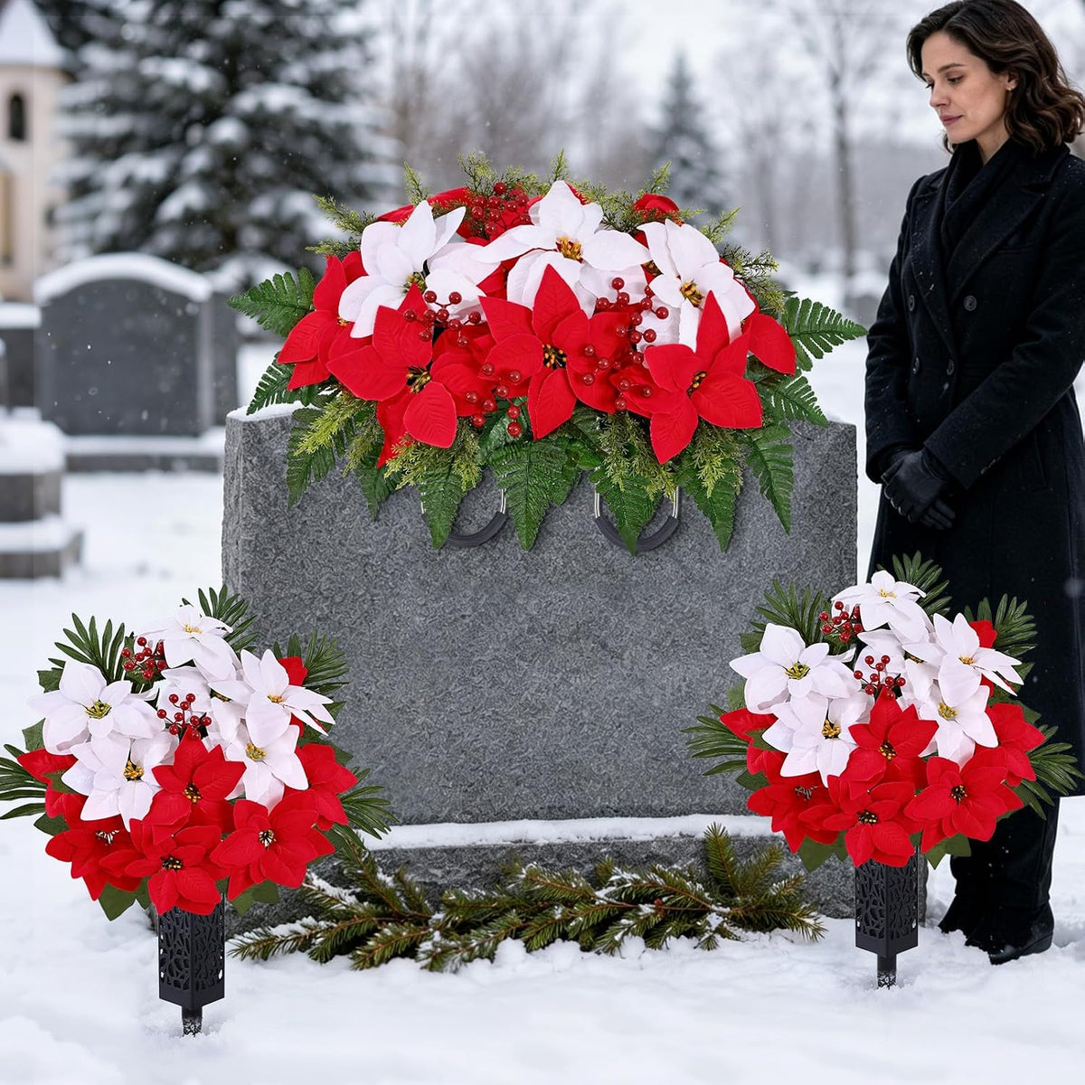 3 sets christmas cemetery flowers for grave, poinsettia, view 9