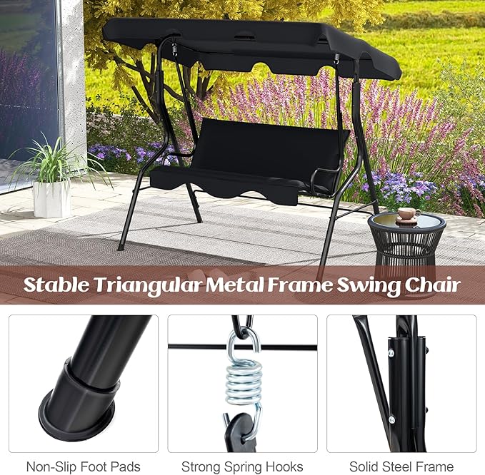 Tangkula 3 Person Porch Swing, Patio Swing with Removable Cushion & Powder-Coated Steel Frame, Outdoor Swing with Canopy for Porch, Backyard, Garden, Balcony (Black)