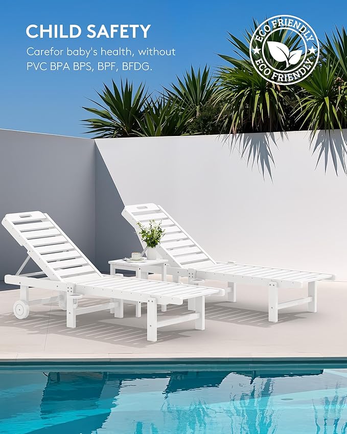 SERWALL Outdoor Chaise Lounge Set of 8, HDPE Pool Lounge Chairs with 5-Position Adjustable Backrest, Patio Loungers with Rolling Wheels & Cup Holder for Pool Sunbathing, White