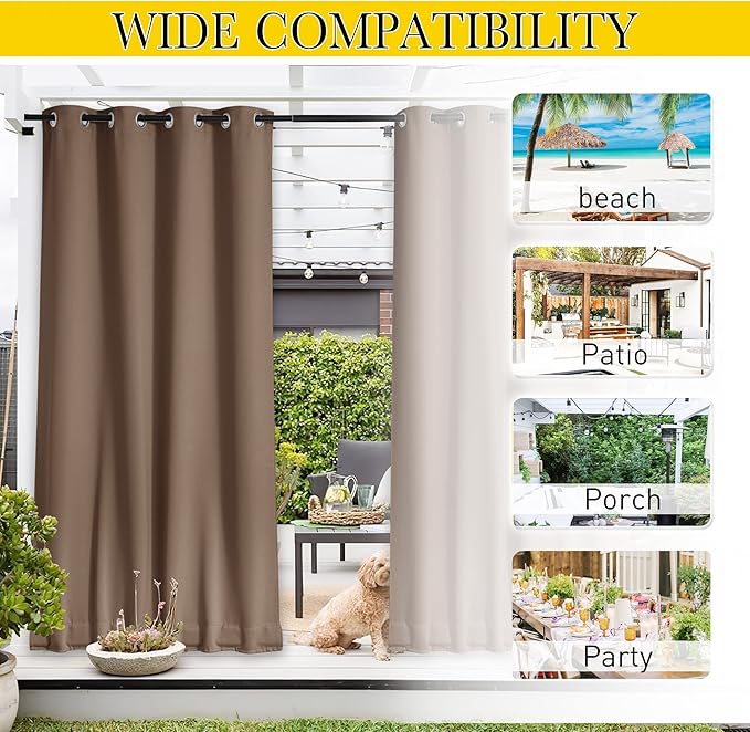 NICETOWN 2 Panels Weighted Blackout Curtains for Patio Waterproof, Grommet & Back Tab on Top & Bottom Windproof Blackout Outdoor Curtains for Porch with Bouns Rope for Fixed, Tan, W84 x L84