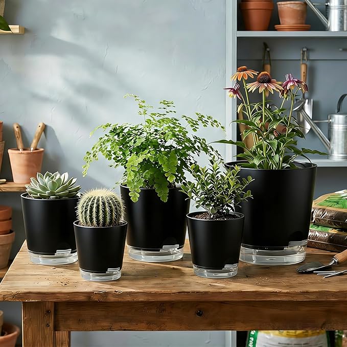 GARDIFE 2026 Upgraded Self Watering Plant Pots with Drainage Hole, 7/6.5/6/5.5/5/4 Inch Flower Planting Containers for House Plants, African Violet, Flowers, Cactus (Black, 7+6.5+6+5.5+5+4 inch)