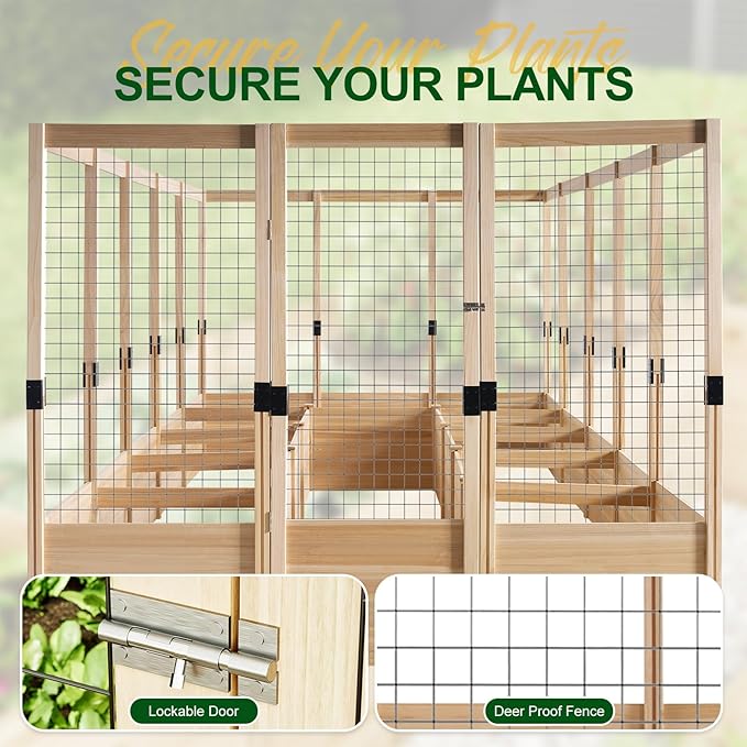 AMERLIFE Raised Garden Bed with Deer Proof Fence, 7.5Wx17Dx6H Outdoor Wooden Raised Garden Bed Planter with 19" Depth Planter Box