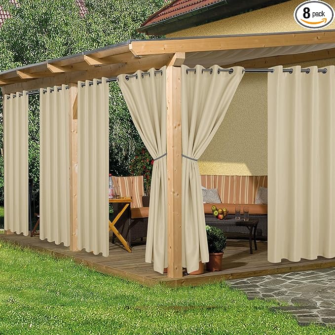 HolidayIdeas Outdoor Curtains for Patio Waterproof, 8 Panels - 54x84 Inches - Weatherproof Privacy Outsides Curtains for Cabana Porch Pergola, Sunlight & UV Blocking (Cream, Grommet Top)