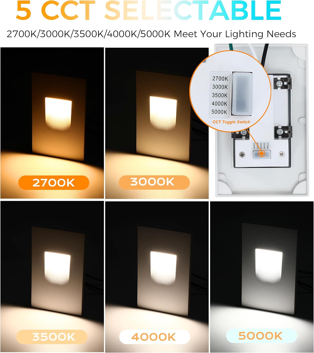 CLOUDY BAY 120V Dimmbale 5 Color LED Indoor Outdoor Step Light,2700K/3000K/3500K/4000K/5000K 3W 70lm,Stair Light,White,6 Pack