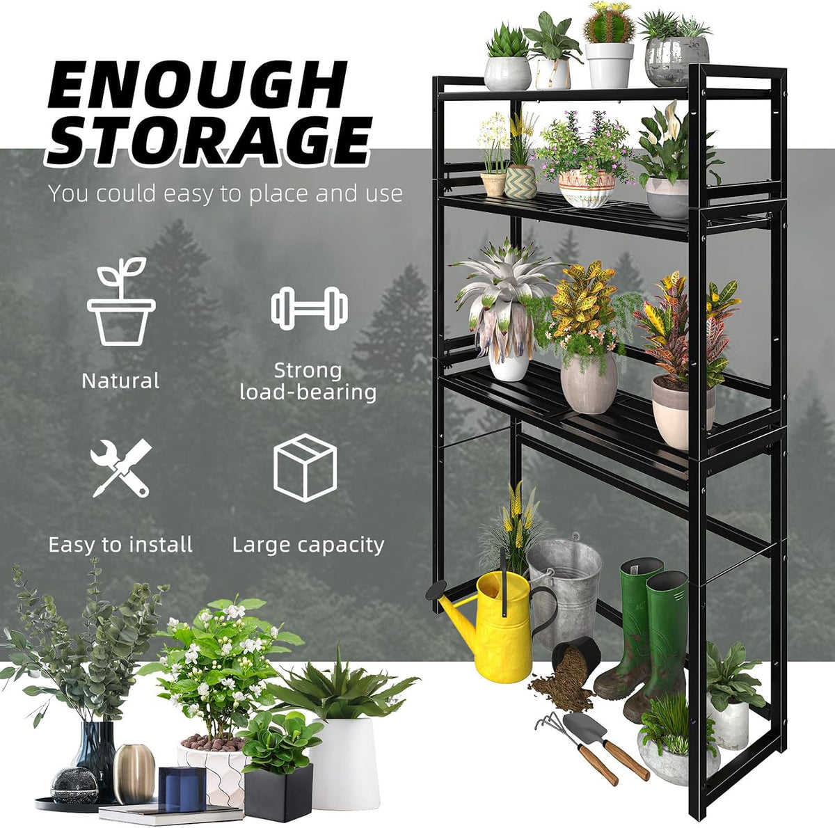 ekisemio 3-tier metal plant stand, heavy duty waterproof, side view