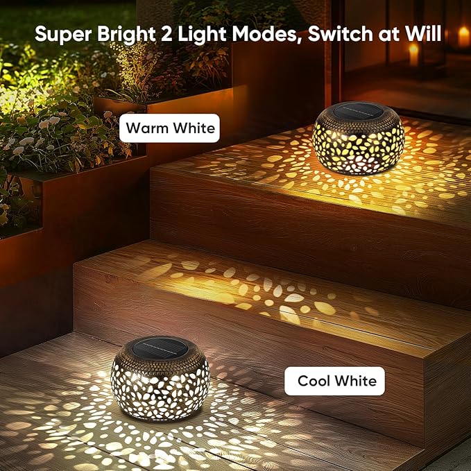 Solar Lanterns Waterproof Outdoor Decor: 2 Pack Hollow Out Retro Metal Solar Lights - Unique Gardening Gifts for Women Mom - Outside Garden Yard Patio Porch Tabletop Decorations 2 Lighting Colors