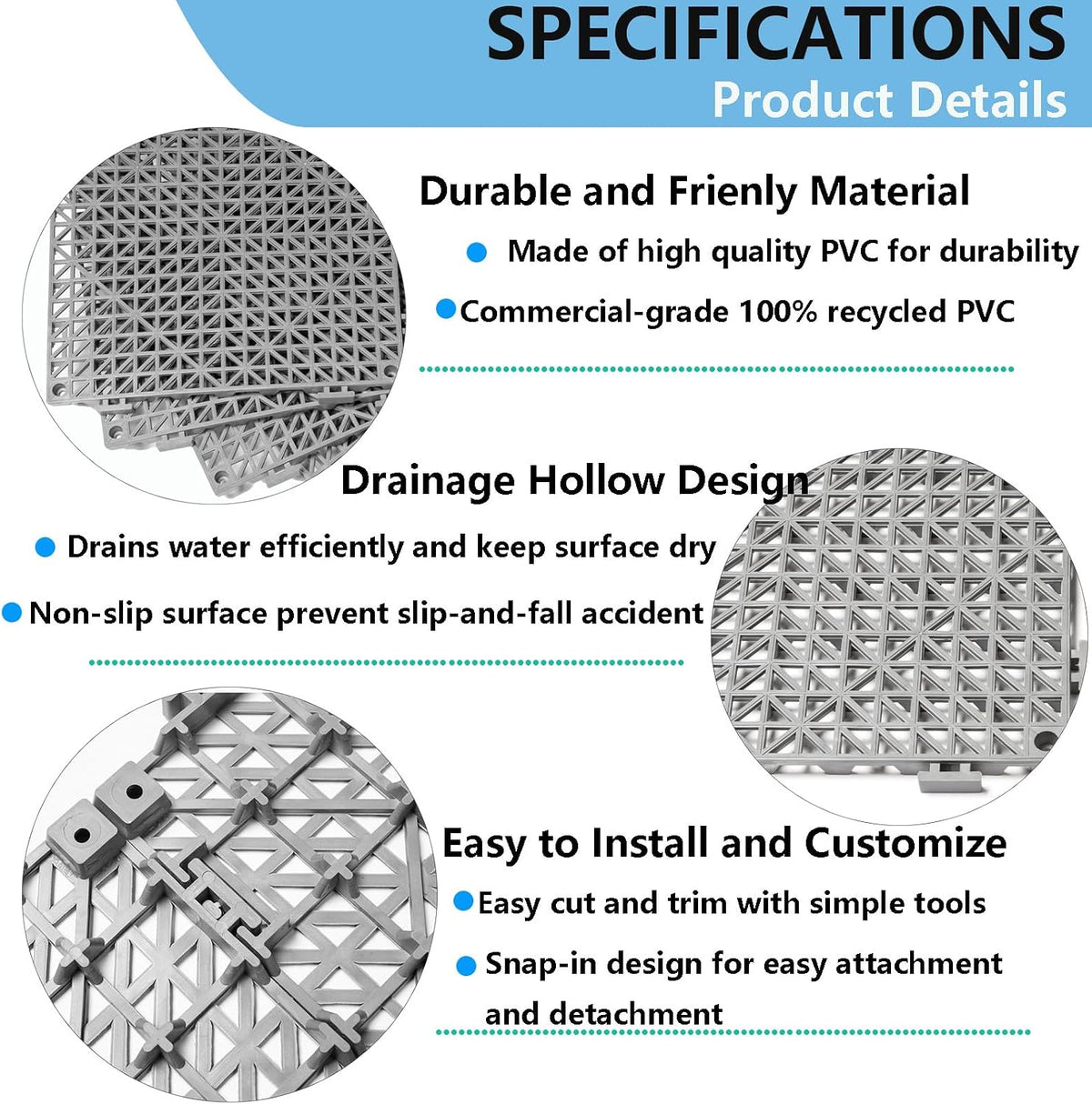 12” x 12” drainage interlocking floor mats 12, side view