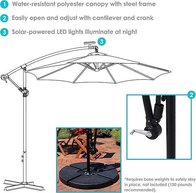 Sunnydaze 10' Solar Offset Patio Umbrella - Solar Cantilever Umbrella Outdoor with LED Lights - Polyester Shade, Air Vent, & Cross Base