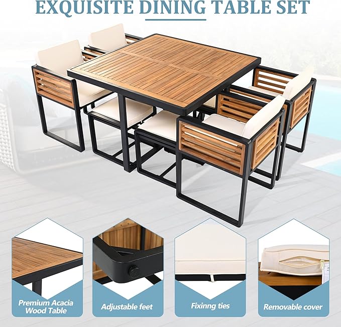 Merax 18 Pieces Outdoor Dining Set for 16 People, Acacia Wood Patio Furniture Sets with 2 Square Tables, 8 Cushioned Chairs and 8 Ottomans for Backyard, Garden, Lawn, Poolside, Beige