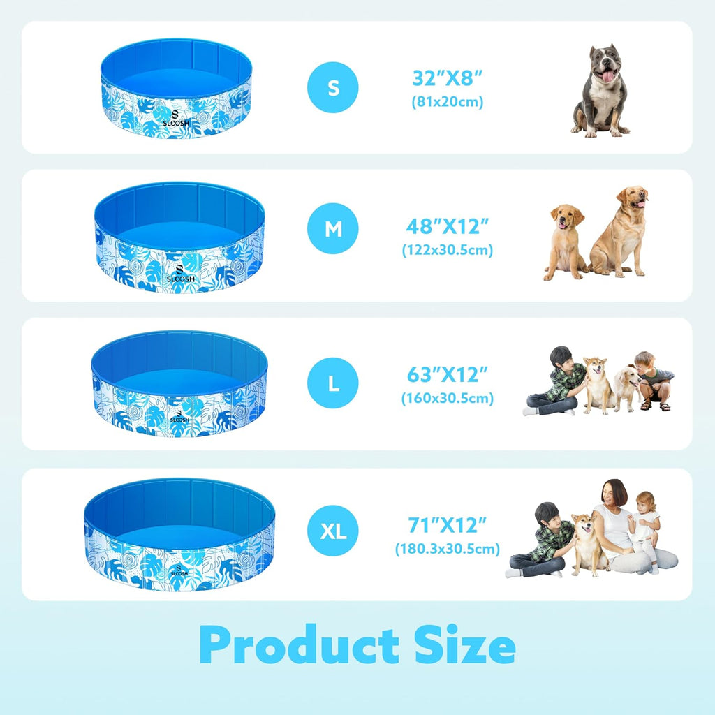 SLOOSH Foldable Dog Kiddie Pool - Portable Hard Plastic Kids Baby Doggie Swimming Pool, Anti-Slip Thick PVC Collapsible Pets Cats Whelping Box Puppy Bathtub (32" x 8")