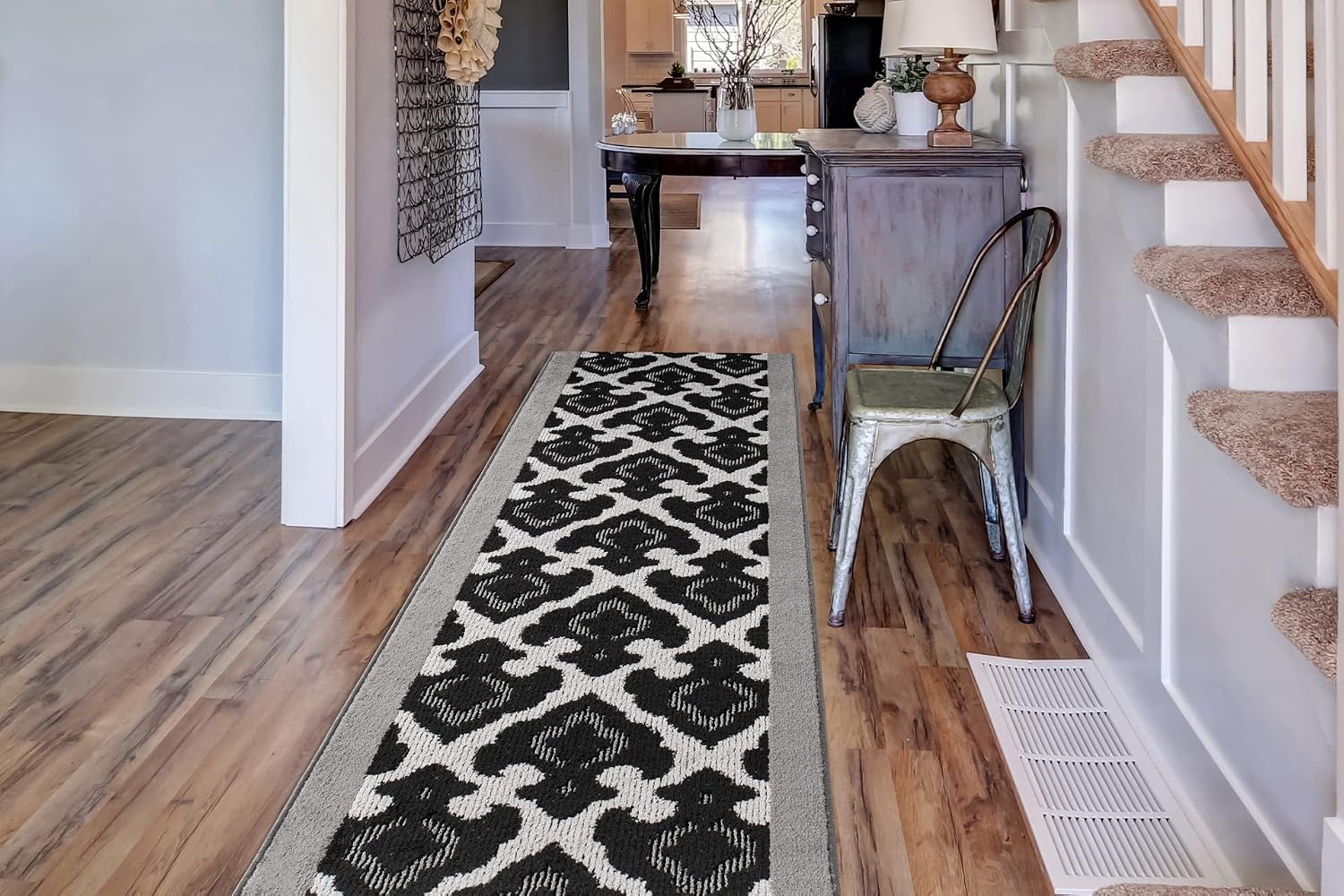 Custom Length Cut to Size Fleur de Lis Inspired Carpet Runner Rug for Hallways, Non Slip Rubber Backed, 31 inch Wide X Customized Length, Royal Grey, 31 inch X 10 feet